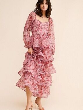 If by Sea Dress Long-Sleeve Tiered Maxi Pink Floral Chiffon Ruffle L